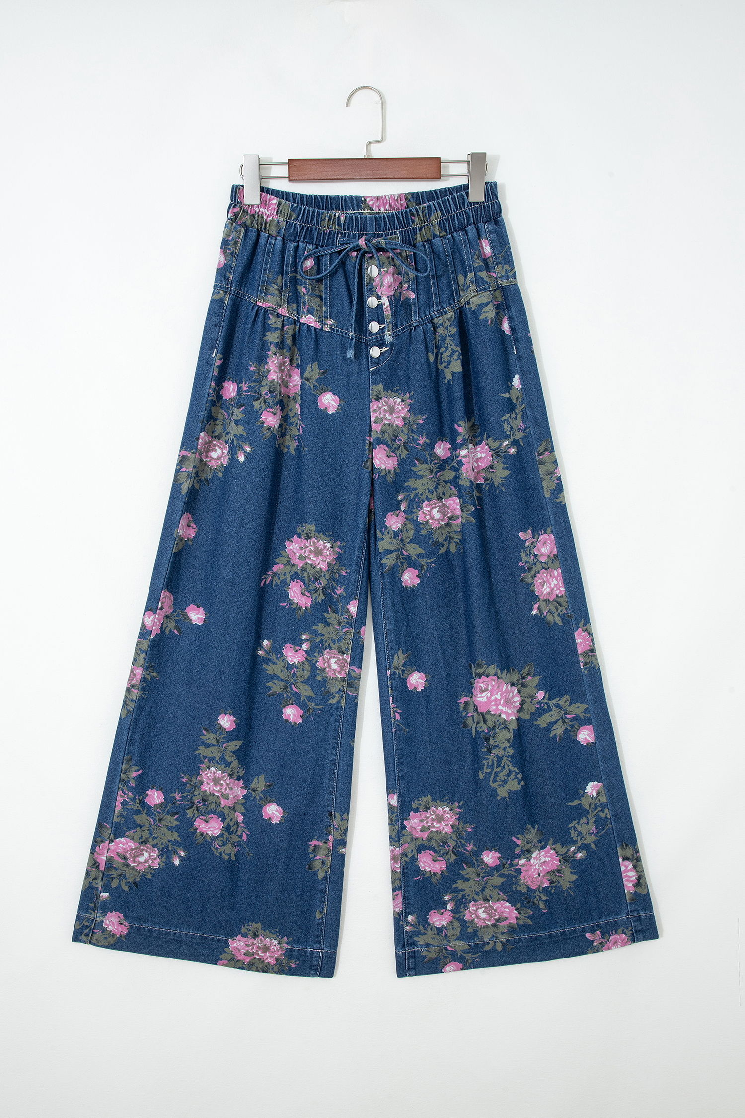 Jean Azul Retro Floral Estampado Con Atado Elástico Cintura - Image 3
