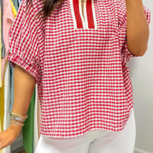 Blusa Rojo Combinado Manga Corta Escote con Abertura