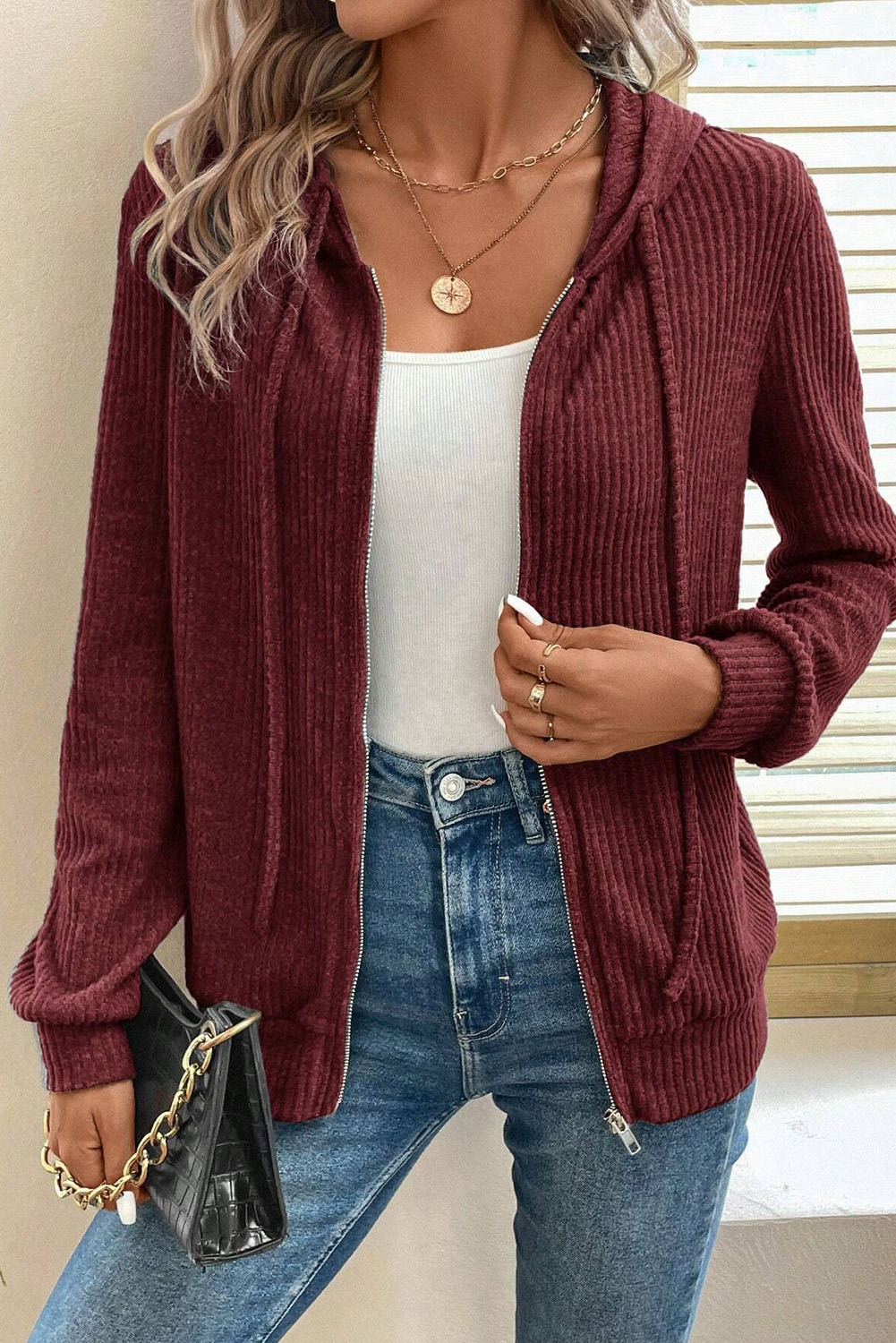 Hoodie Rosa Dahlia Acanalado Con Cierre - Image 4