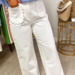 Jean Blanco Liso Color Festoneado Aplicado Bolsillo Relajado