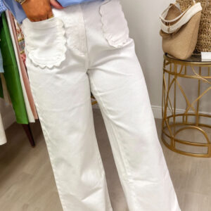 Jean Blanco Liso Color Festoneado Aplicado Bolsillo Relajado