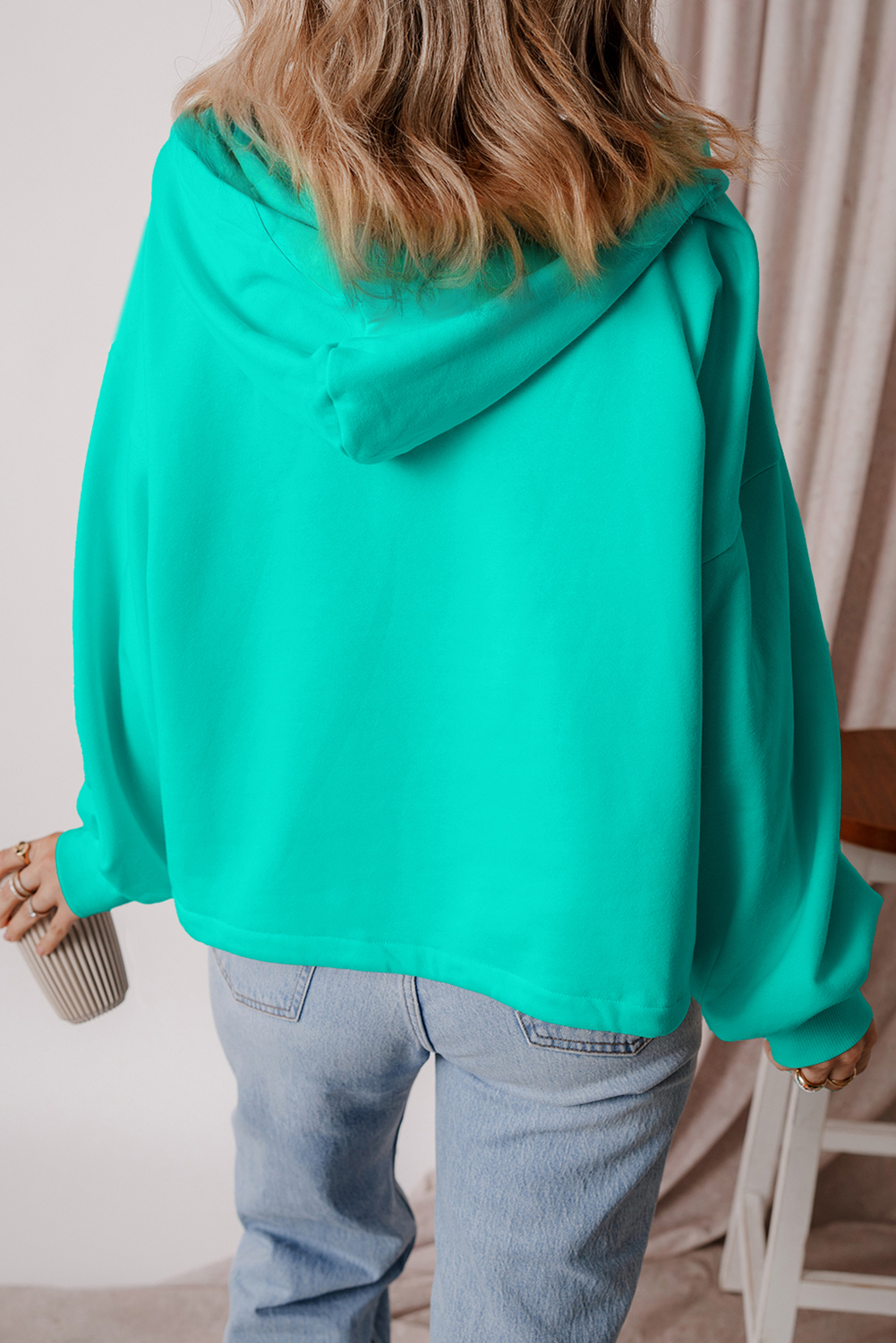 Hoodie Turquesa Frisado Suelto Con Cierre - Image 2