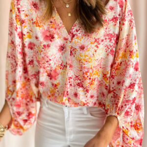 Blusa Rosa Floral Manga Globo Escote V