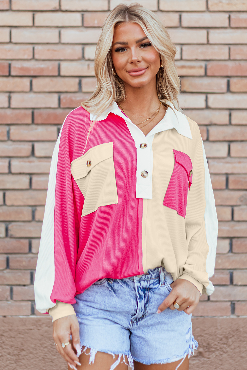 Buzo Rojo Rosado Combinado Oversize Con Cuello