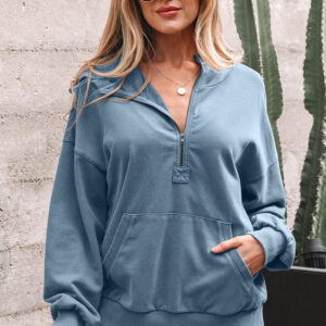 Hoodie Azul Bolsillo Canguro Holgado Con Cierre