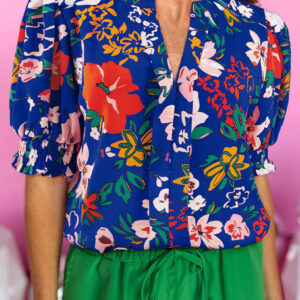 Blusa Azul Floral Manga Abullonada Escote V
