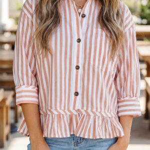 Camisa Caqui a Rayas Con Volados Manga Pulsera Con Cuello