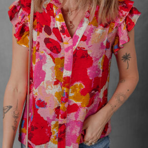 Blusa Rojo Con Volados Manga Corta Escote V