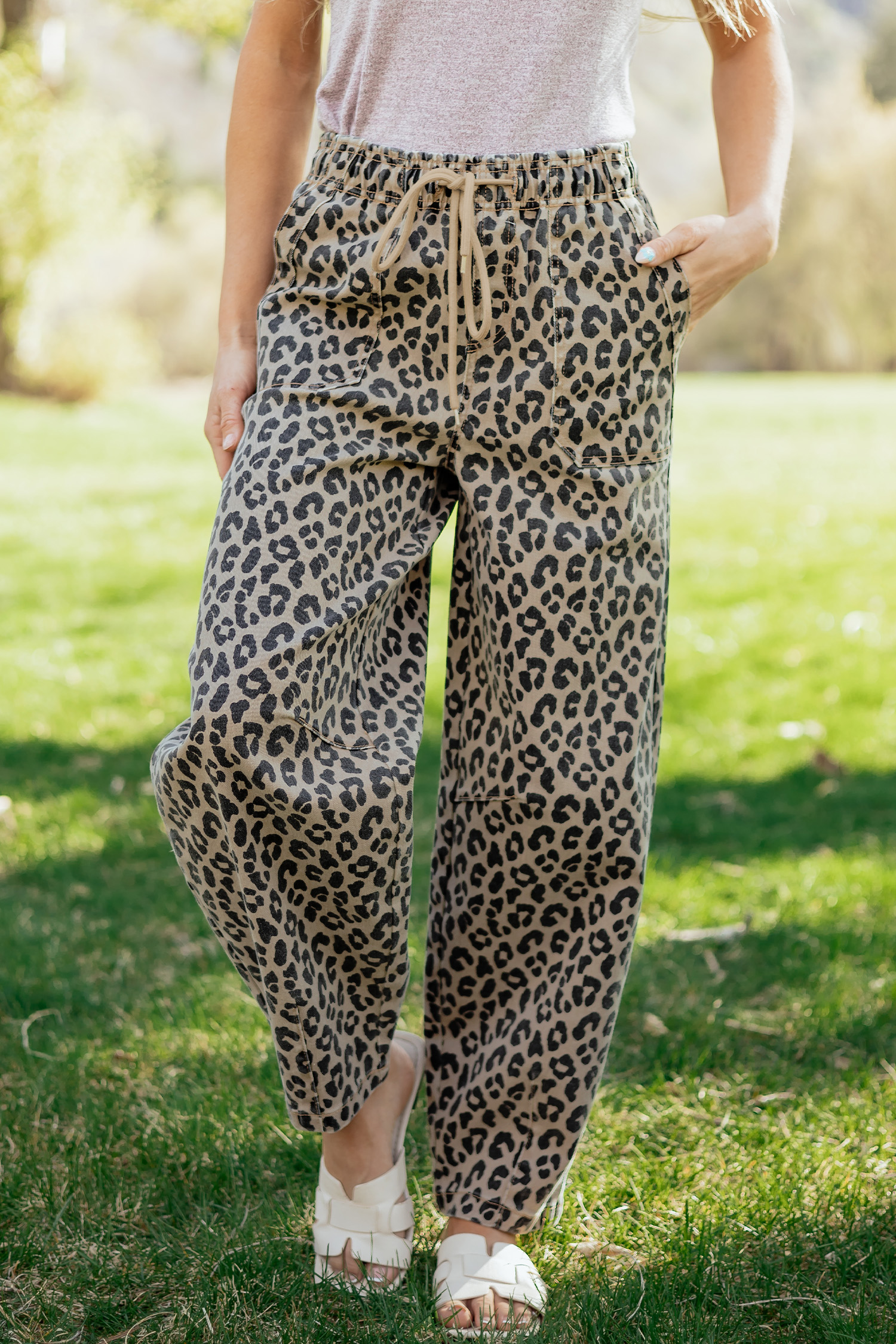Jean Caqui Animal Print Leopardo Estampado Cordón Elástico