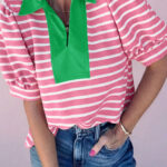 Blusa Rosa a Rayas Combinado Manga Abullonada Con Cuello