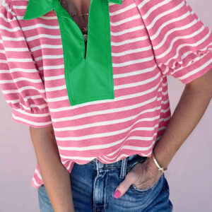Blusa Rosa a Rayas Combinado Manga Abullonada Con Cuello