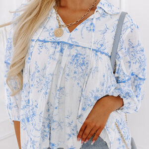 Blusa Azul Celeste Floral Manga 3/4 Con Cuello