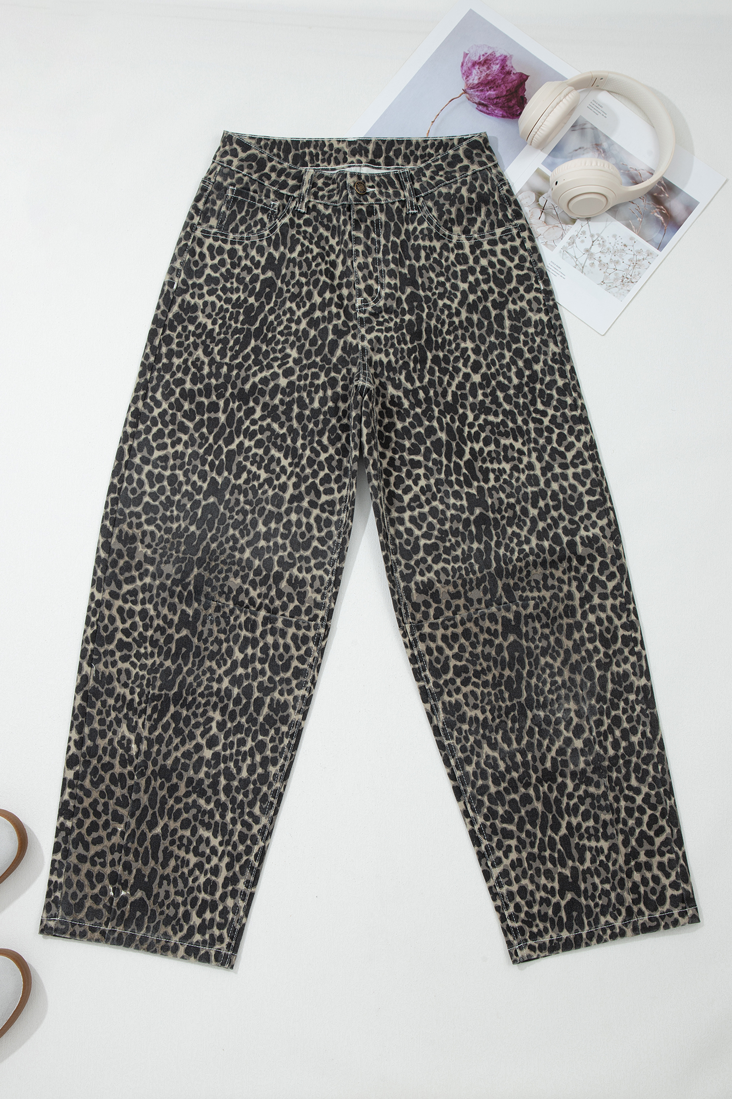 Jean Negro Animal Print Leopardo Estampado Tiro Alto Barrel - Image 6