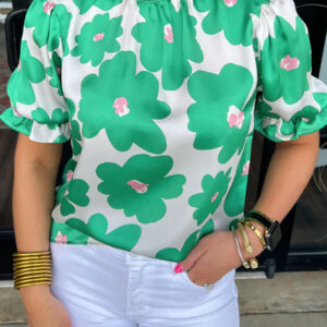 Blusa Verde Floral Manga Abullonada