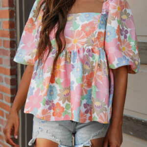 Blusa Rosa Floral Manga Abullonada