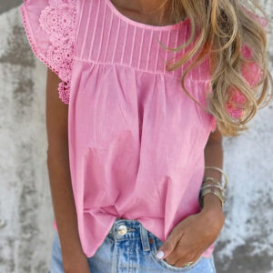 Blusa Rosa Plisado Manga Volado Cuello Redondo
