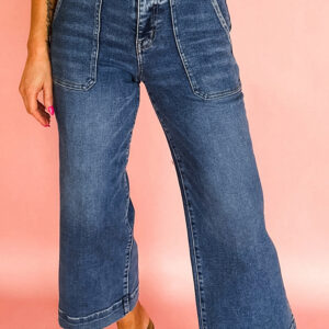 Jean Ashleigh Azul Corto Tiro Alto Pierna Ancha