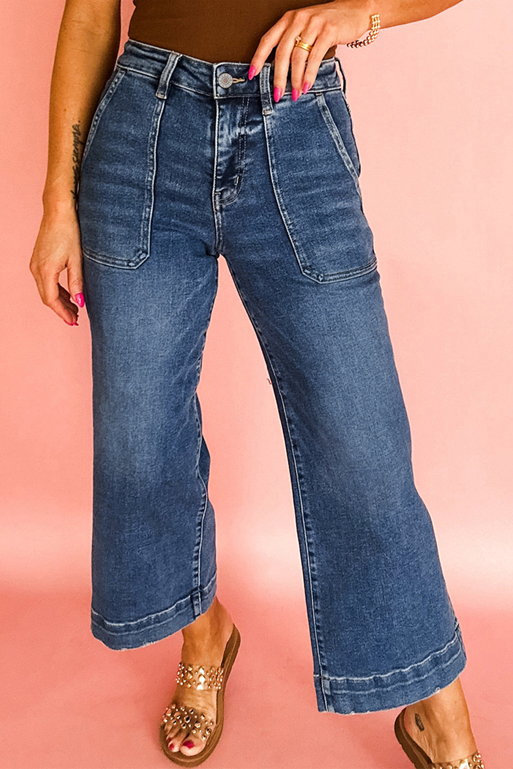Jean Ashleigh Azul Corto Tiro Alto Pierna Ancha