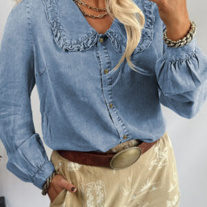 Camisa Celeste Con Volados Con Cuello