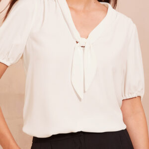 Blusa Blanco Manga Abullonada Escote V