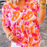 Blusa Rojo Rosado Estampado Abstracto Escote V