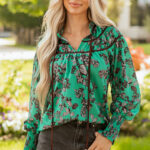 Blusa Verde Detalle Combinado Manga Abullonada Escote V