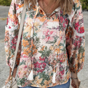 Blusa Rosa Floral Manga Larga Escote con Abertura