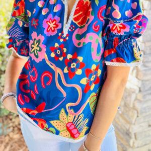 Blusa Azul Con Volados Manga Corta Con Cuello