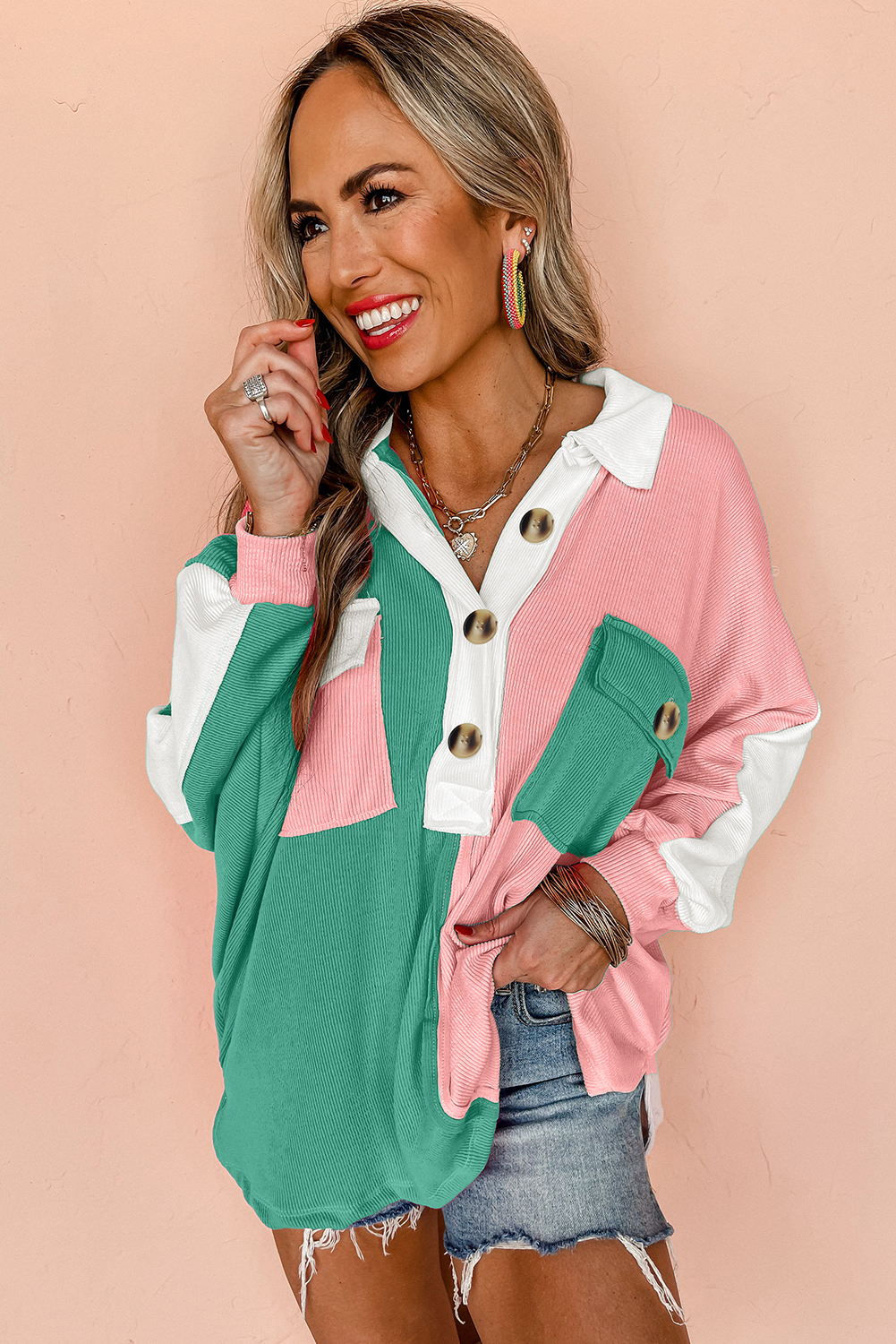 Buzo Rosa Combinado Oversize Con Cuello - Image 3