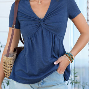 Blusa Celeste Con Nudo Manga Corta Escote V