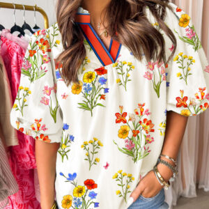 Blusa Blanco Floral Manga Abullonada Escote V