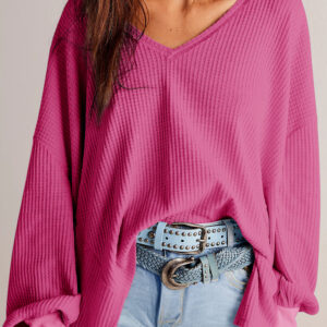 Blusa Rosa Brillante Manga Larga Suelta Escote V