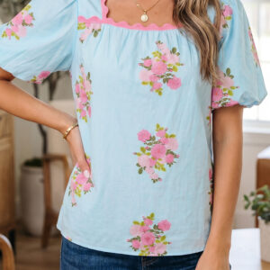 Blusa Azul Celeste Floral Manga Globo