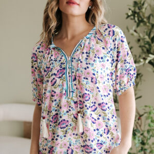 Blusa Multicolor Floral Manga Corta Suelta Escote V