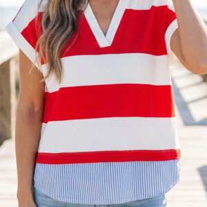 Blusa Rojo a Rayas Manga Corta Escote V