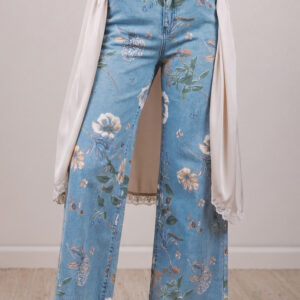 Jean Celeste Retro Floral Estampado Deshilachado Ruedo