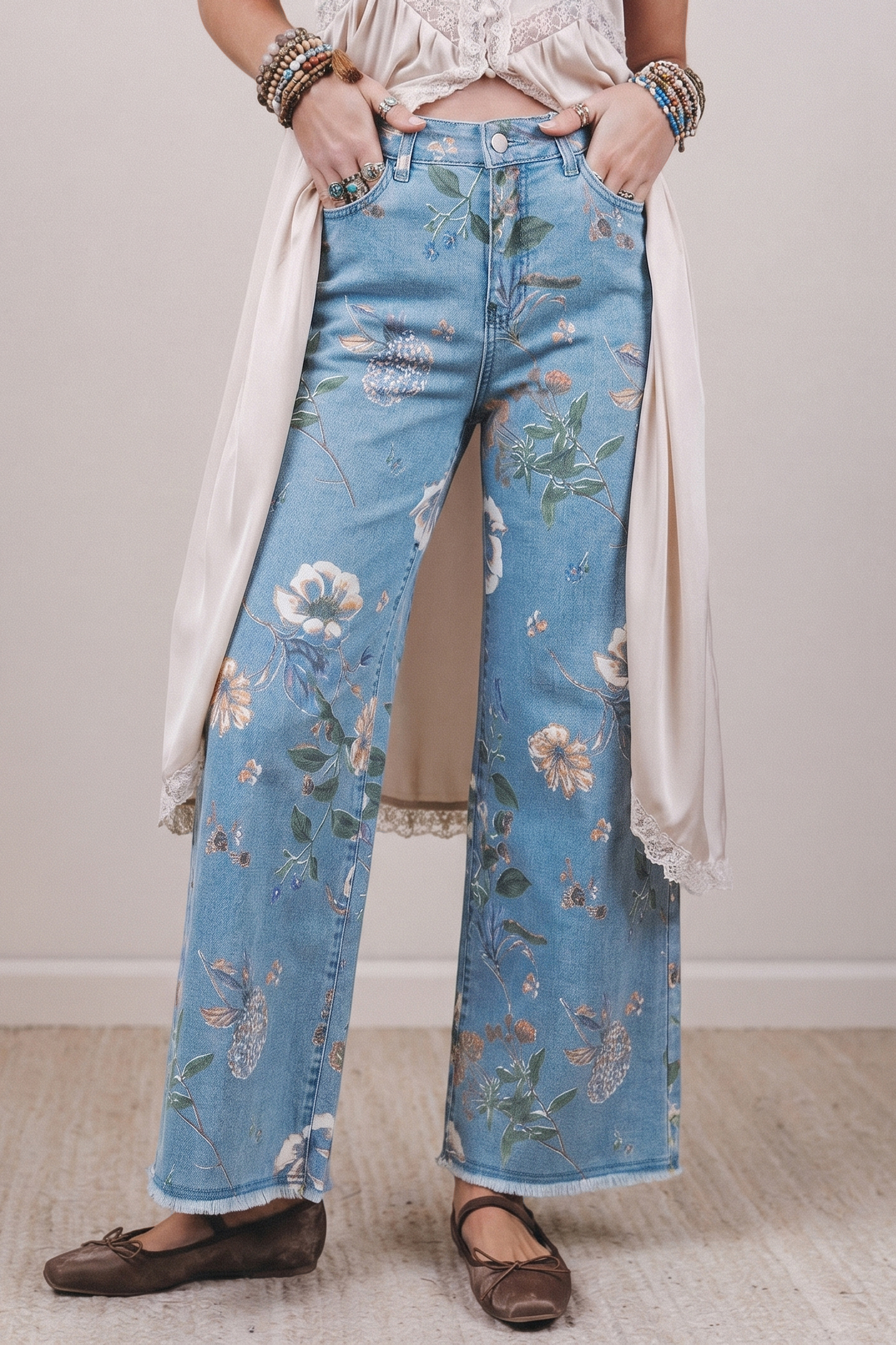 Jean Celeste Retro Floral Estampado Deshilachado Ruedo