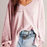 Blusa Rosa Claro Manga Larga Suelta Escote V