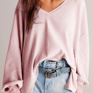 Blusa Rosa Claro Manga Larga Suelta Escote V