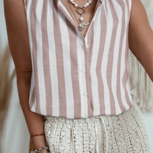 Camisa Caqui a Rayas Con Botones Sin Mangas