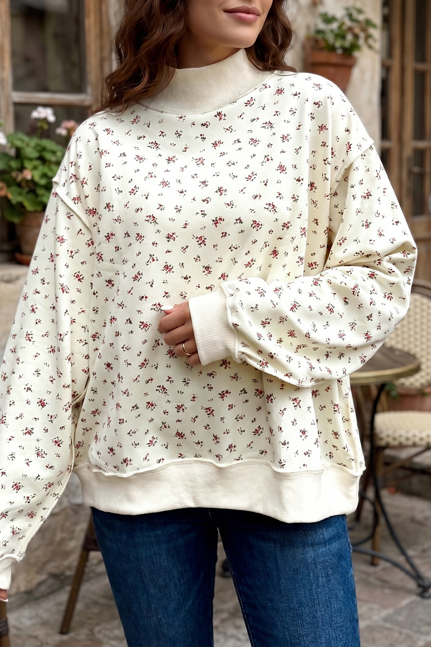 Buzo Beige Patchwork Holgado Cuello Alto - Image 3