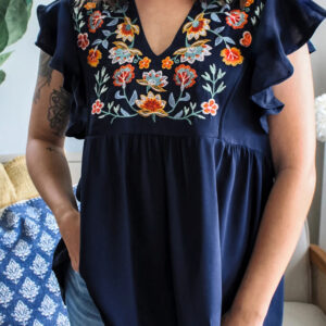 Blusa Azul Sucio Con Volados Estilo Babydoll Escote V