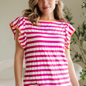 Blusa Rojo Rosado Con Volados Cuello Redondo