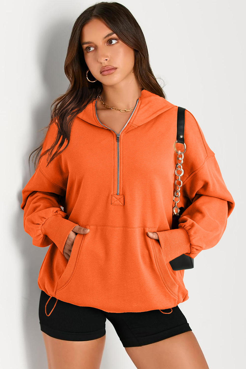 Hoodie Naranja Bolsillo Canguro Oversize Con Cierre - Image 4
