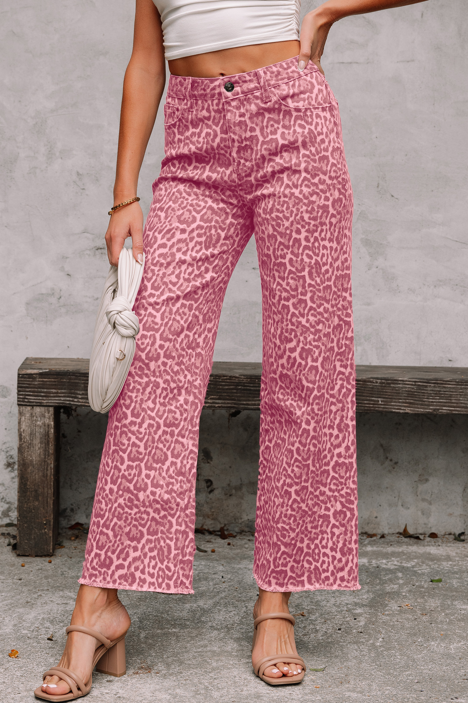 Jean Rosa Animal Print Leopardo Deshilachado Borde Pierna