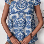Blusa Azul Boho Manga Volado Cuello Redondo