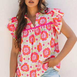 Blusa Rosa Con Volados Suelta Escote con Abertura