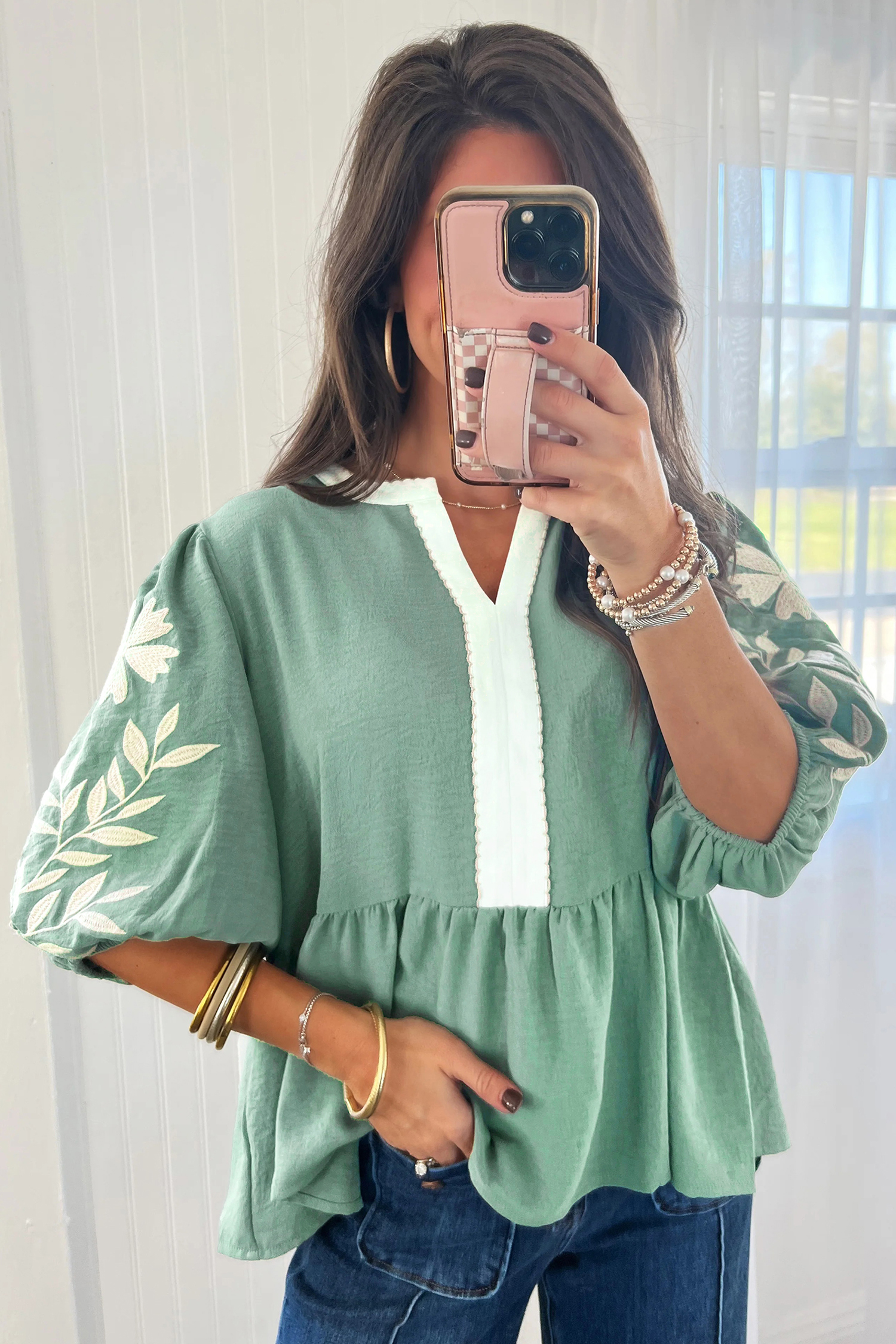 Blusa Verde Humo Combinado Manga Abullonada - Image 6