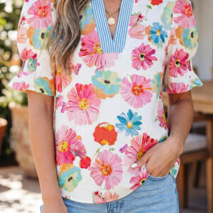 Blusa Beige A Rayas Manga Abullonada Escote V