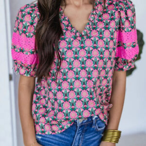 Blusa Rosa Suave Con Volados Manga Abullonada Escote V
